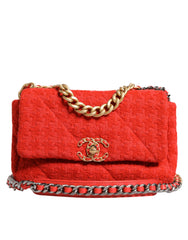 Bolsa de ombro média Chanel Red Tweed 2WAY com corrente de mão