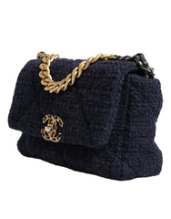 Bolsa de ombro Chanel Azul Escuro Média com Aba em Tweed CC com Corrente Cinza Dourada