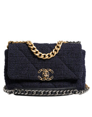 Bolsa de ombro Chanel Azul Escuro Média com Aba em Tweed CC com Corrente Cinza Dourada