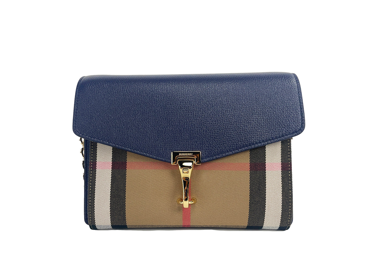 Bolsa transversal pequena Burberry Macken Regency Blue House Check de couro