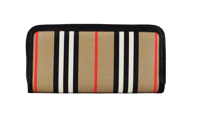 Carteira Burberry Ellerby em couro preto com listras em lona e zíper Continental