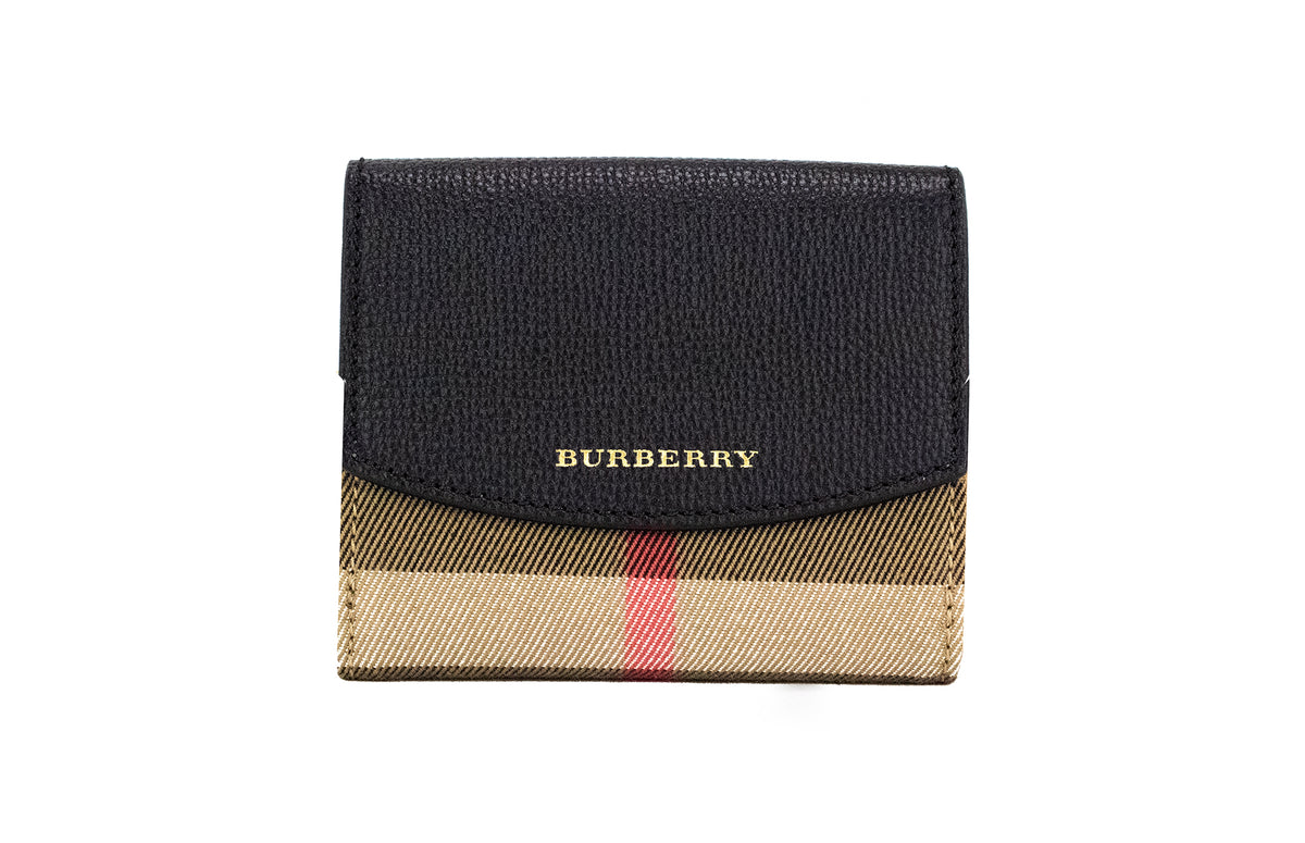 Burberry Luna Preto Couro Granulado Casa Xadrez Canvas Porta-moedas Carteira Snap
