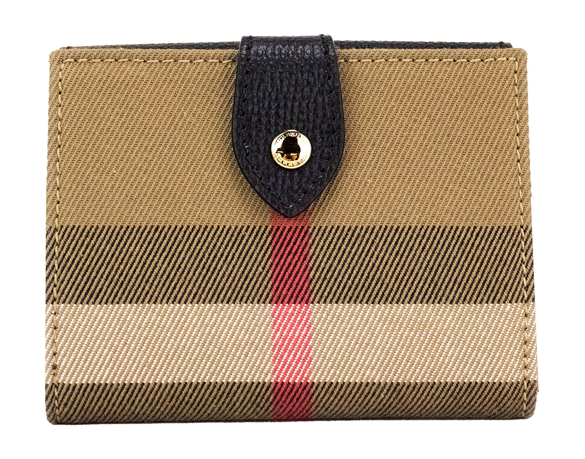 Burberry Luna Preto Couro Granulado Casa Xadrez Canvas Porta-moedas Carteira Snap