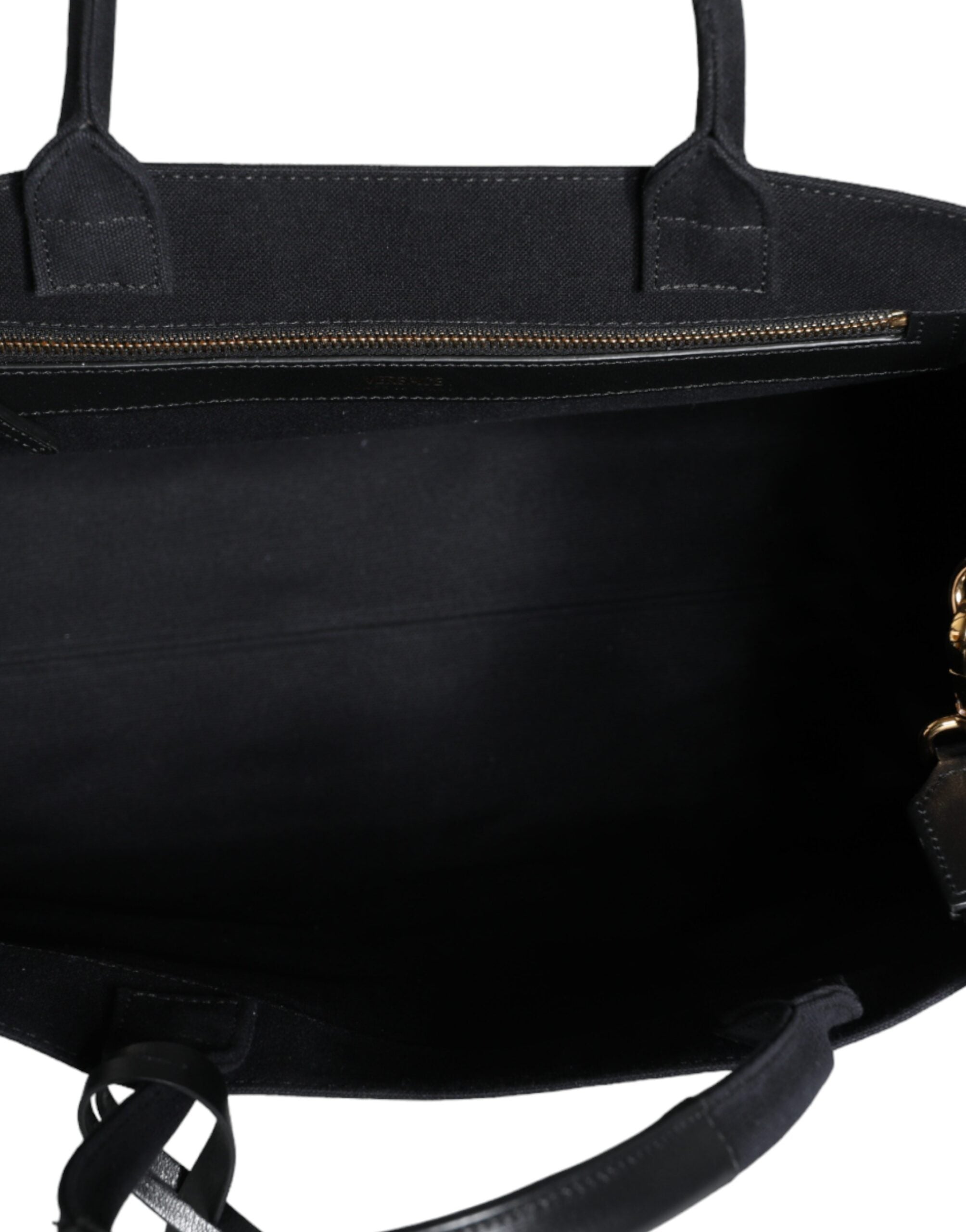 Bolsa transversal Versace preta com alça superior em couro e lona com logotipo