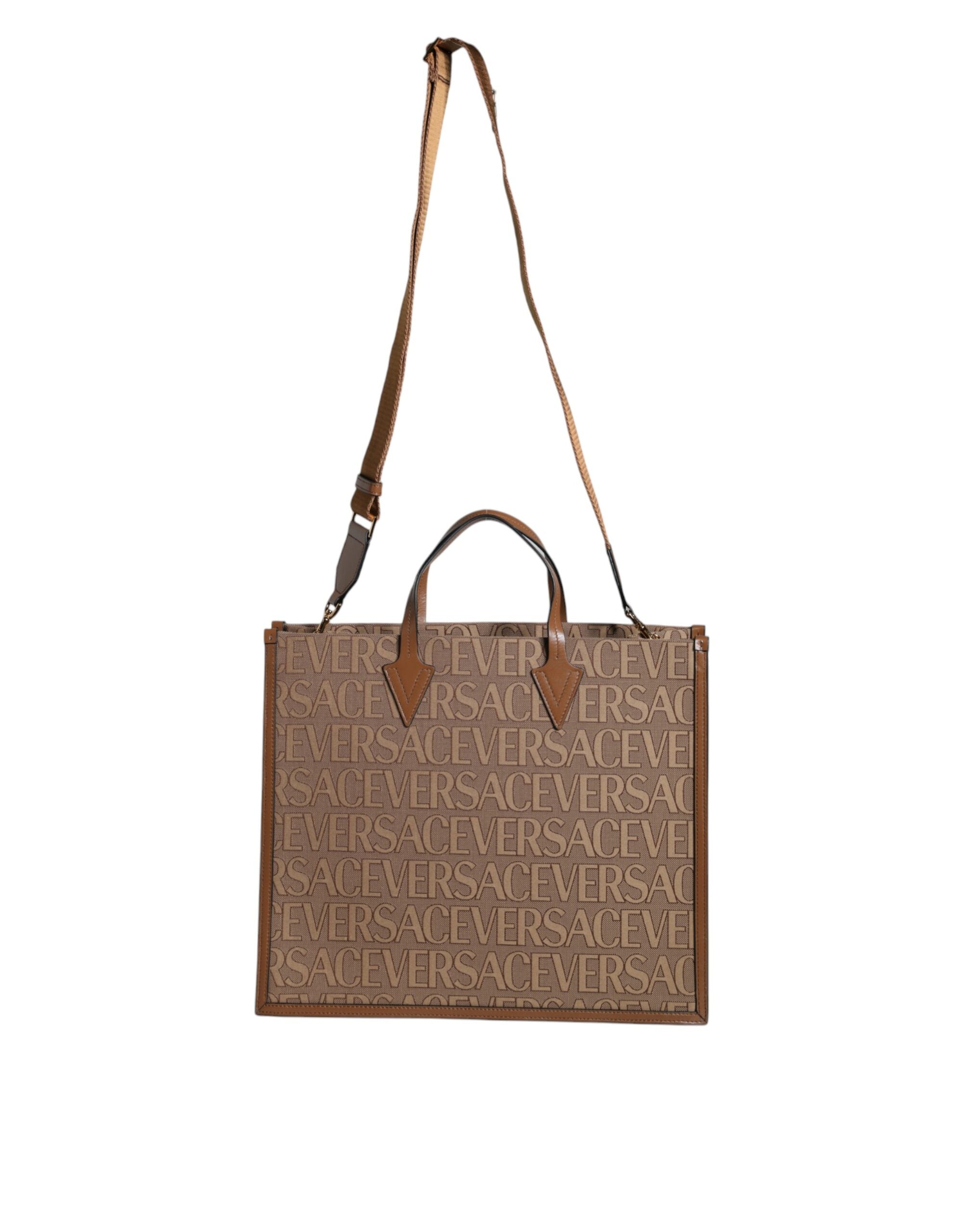 Bolsa transversal Versace marrom com alça superior e logotipo em couro jacquard