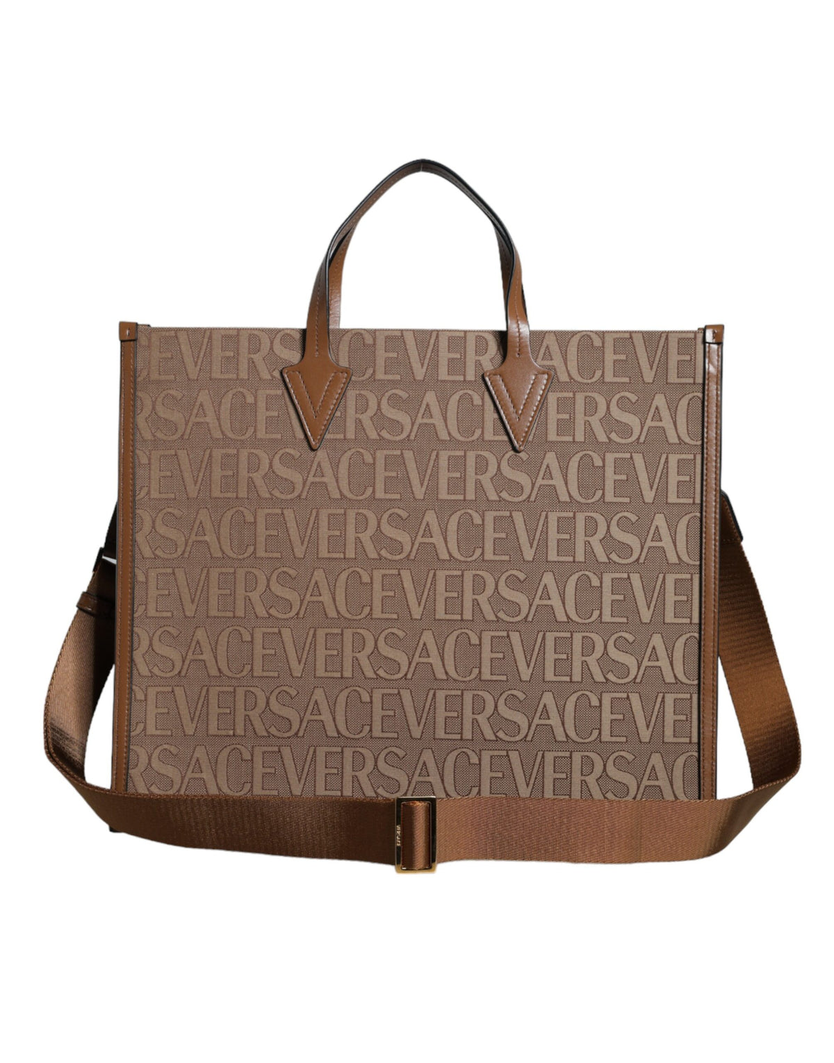 Bolsa transversal Versace marrom com alça superior e logotipo em couro jacquard