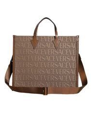 Bolsa transversal Versace marrom com alça superior e logotipo em couro jacquard
