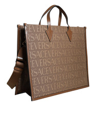Bolsa transversal Versace marrom com alça superior e logotipo em couro jacquard