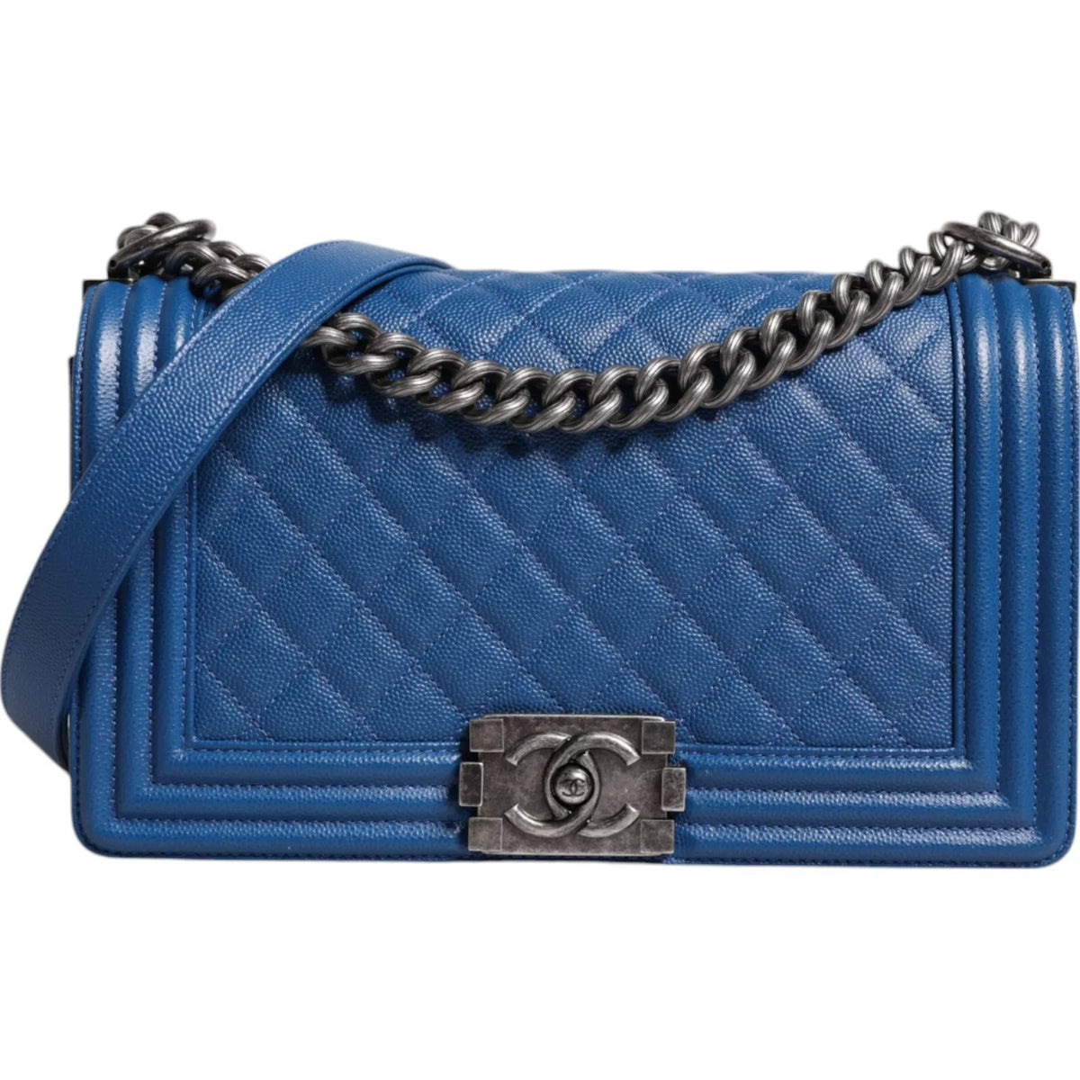 Bolsa de ombro média Chanel Blue Lambskin de couro com corrente dupla