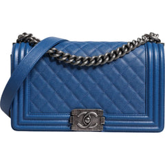 Bolsa de ombro média Chanel Blue Lambskin de couro com corrente dupla