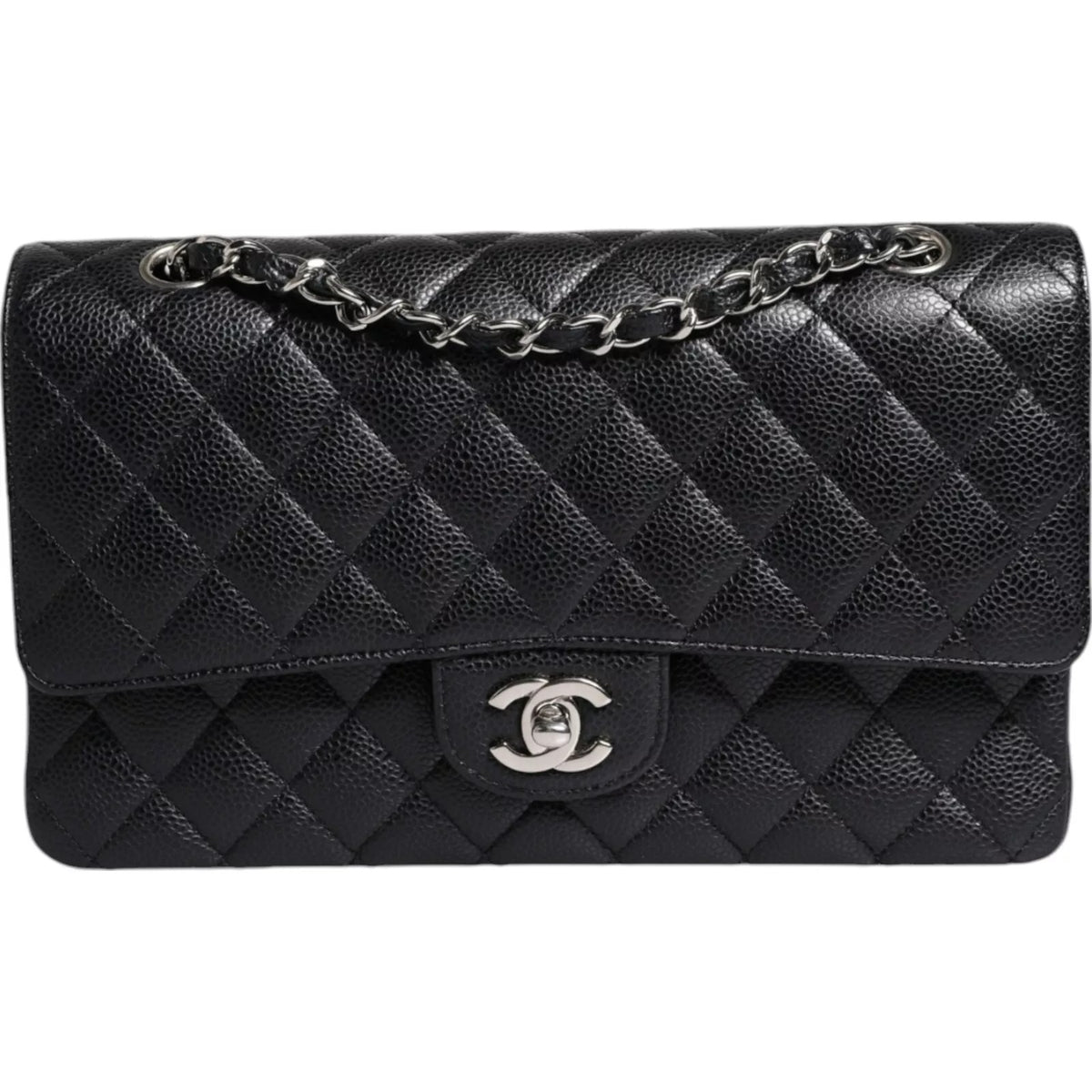 Bolsa Chanel Caviar Preta Média Clássica com Aba Dupla e Alças Duplas, Prateada e Acolchoada