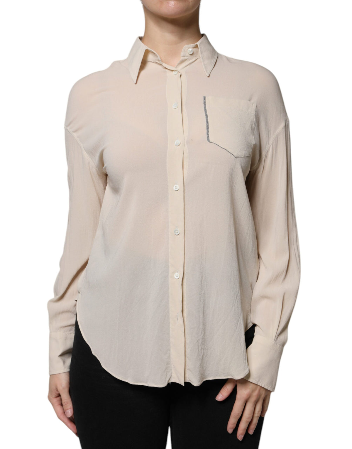 Blusa de botões com gola e mistura de seda bege Brunello Cucinelli