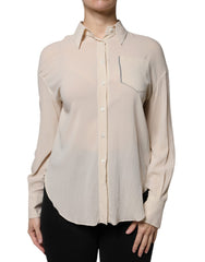 Blusa de botões com gola e mistura de seda bege Brunello Cucinelli