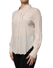 Blusa de botões com gola e mistura de seda bege Brunello Cucinelli