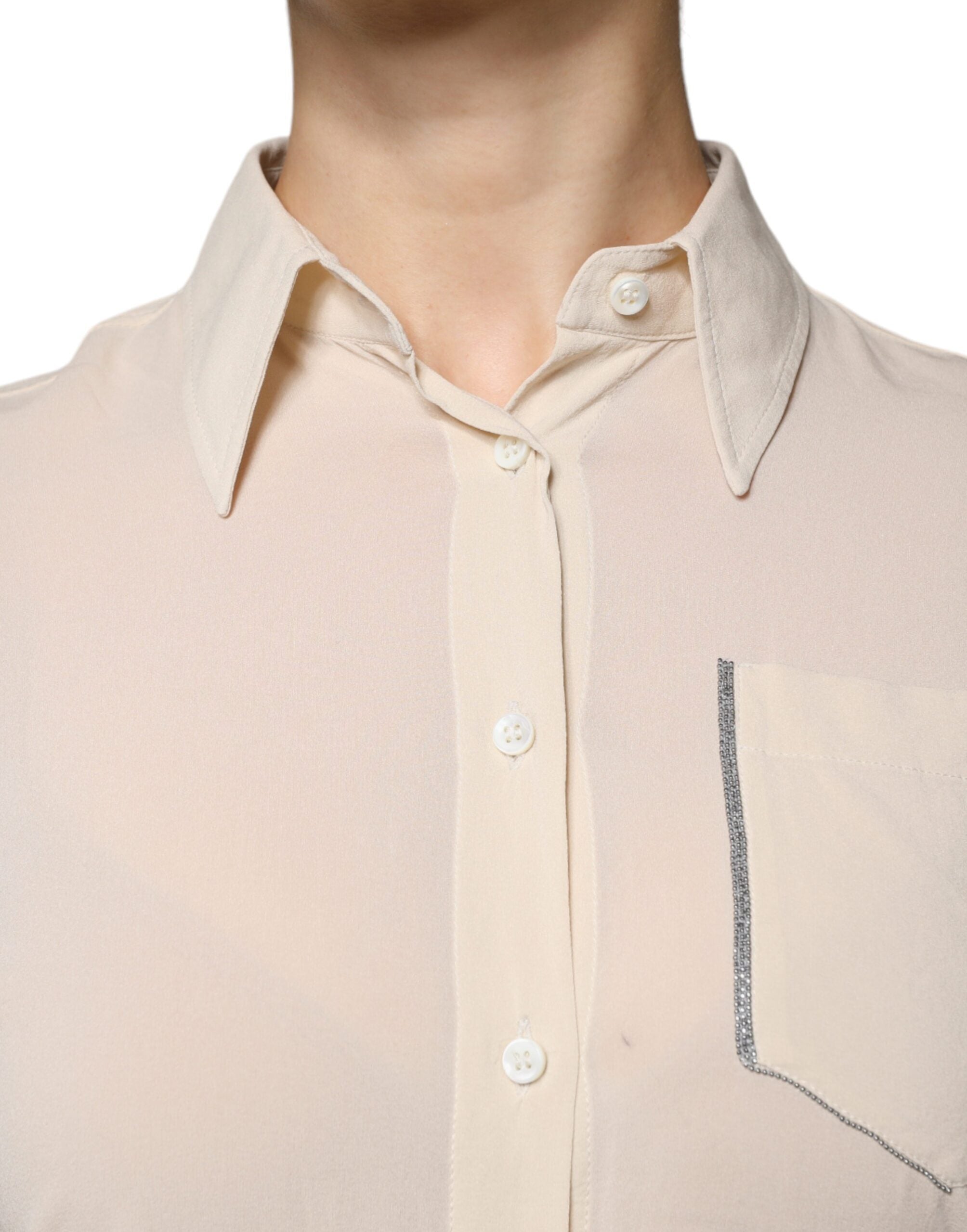 Blusa de botões com gola e mistura de seda bege Brunello Cucinelli