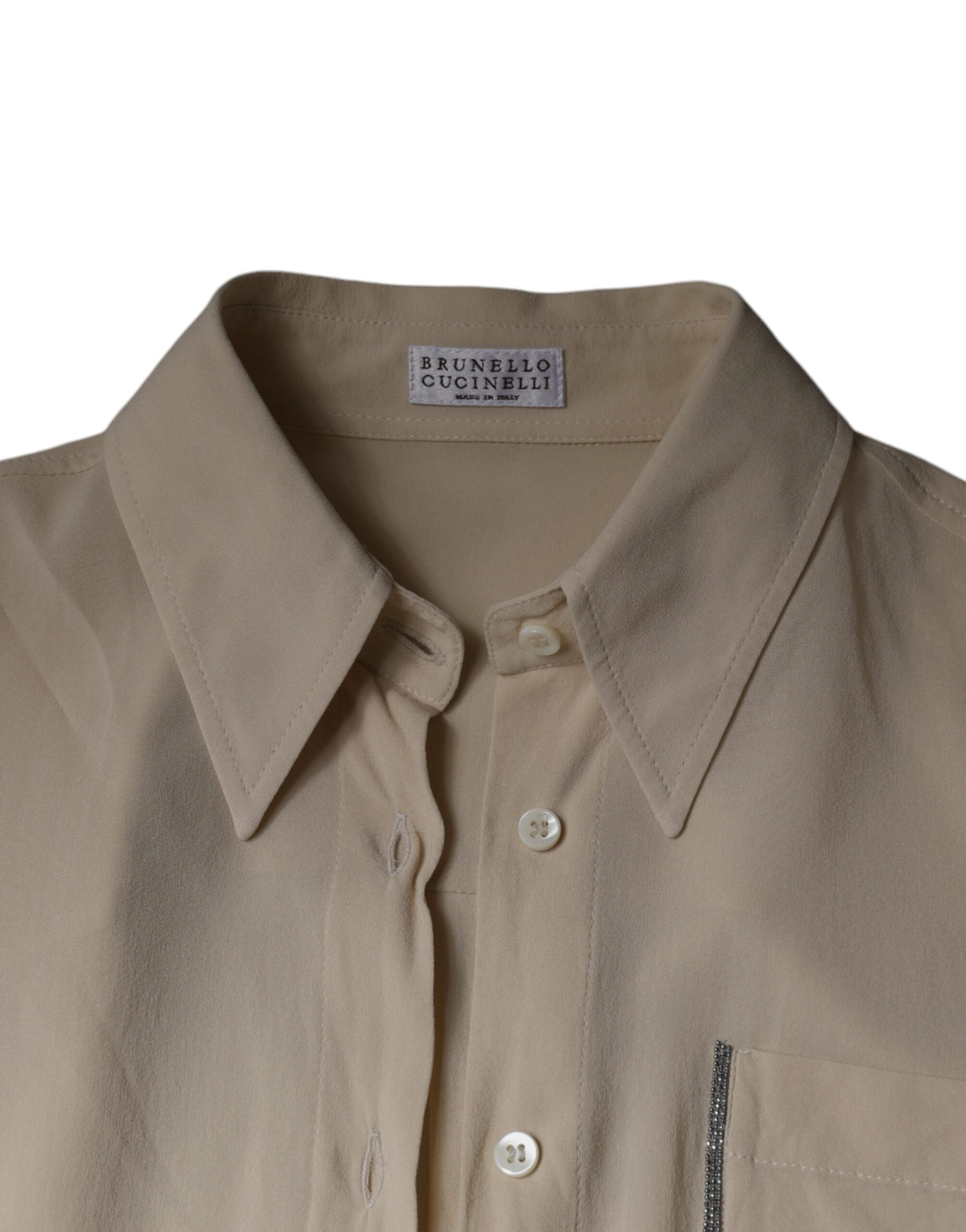 Blusa de botões com gola e mistura de seda bege Brunello Cucinelli