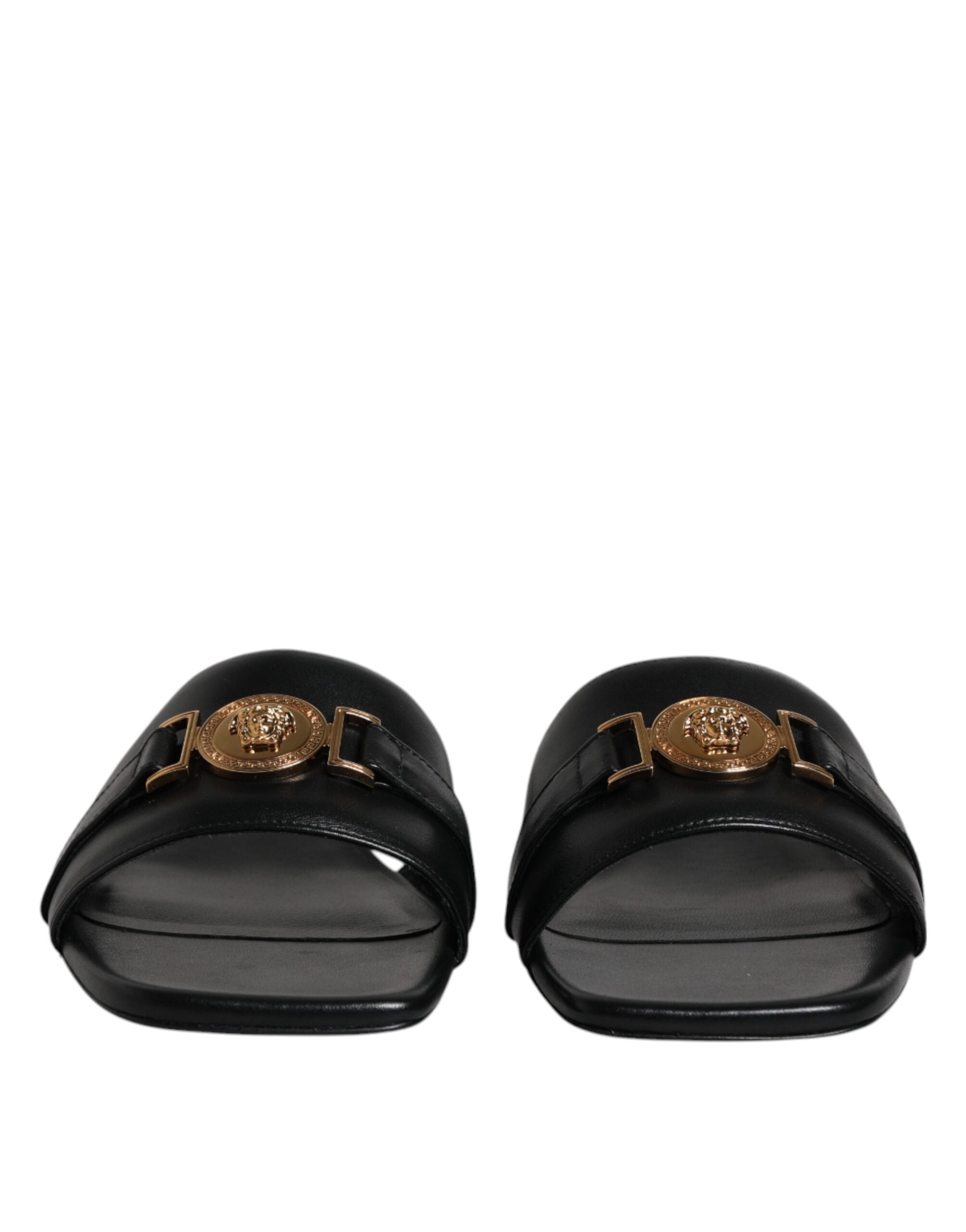 Versace Preto Couro Logo Placa Slip On Sapatos Flats
