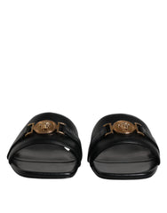 Versace Preto Couro Logo Placa Slip On Sapatos Flats