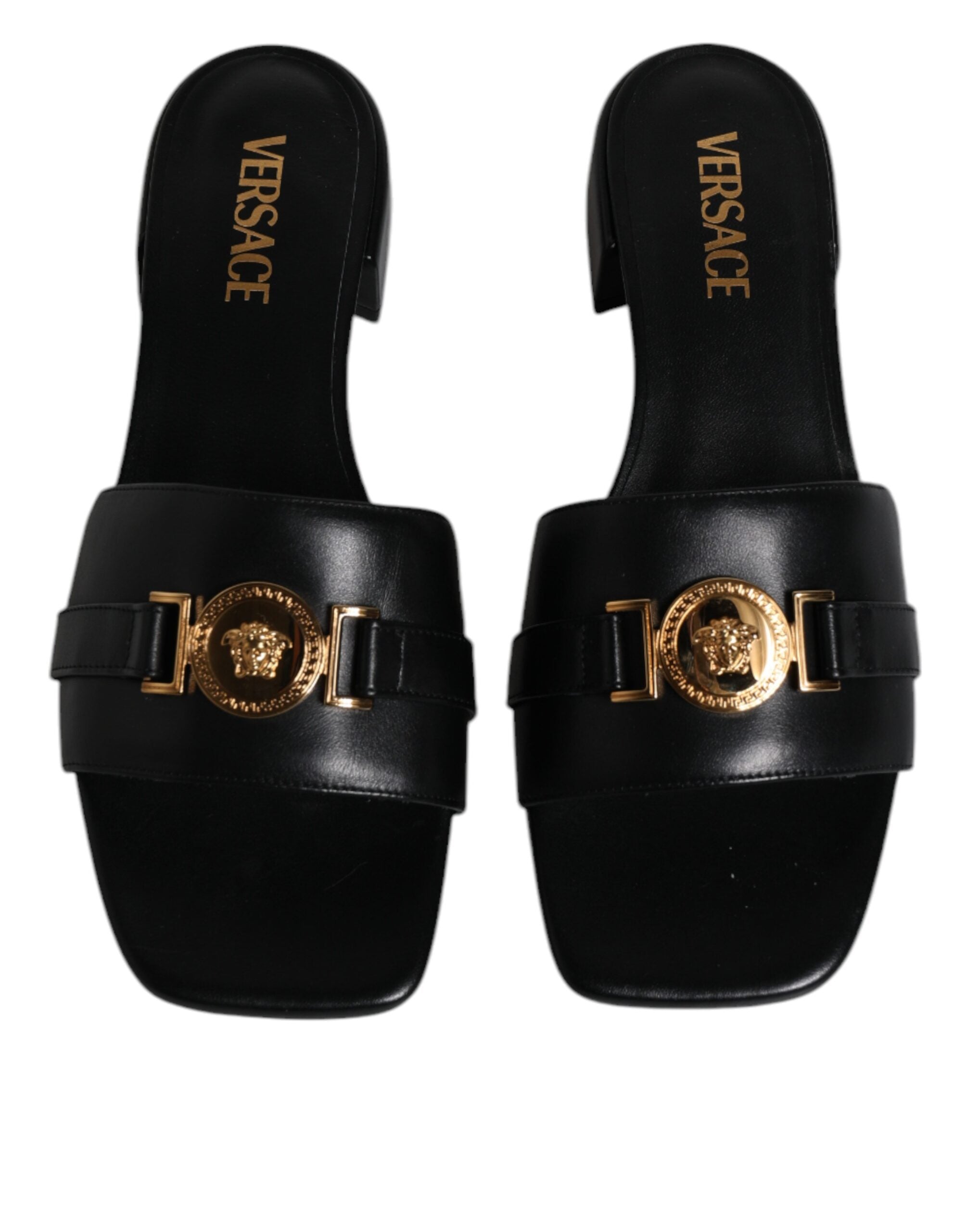 Versace Preto Couro Logo Placa Slip On Sapatos Flats