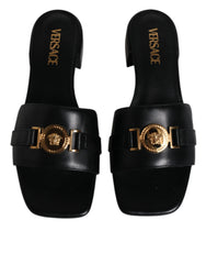 Versace Preto Couro Logo Placa Slip On Sapatos Flats