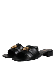 Versace Preto Couro Logo Placa Slip On Sapatos Flats