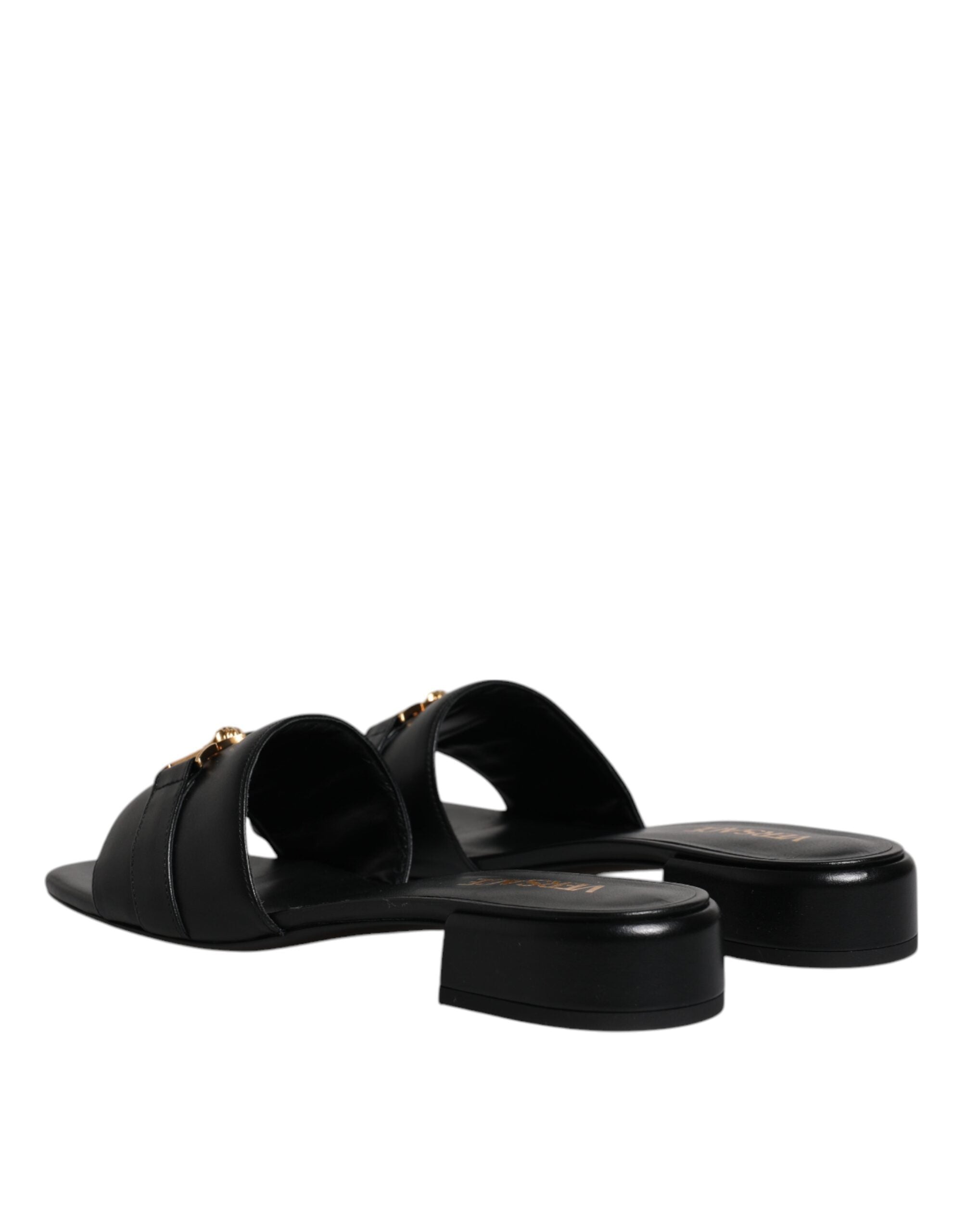 Versace Preto Couro Logo Placa Slip On Sapatos Flats