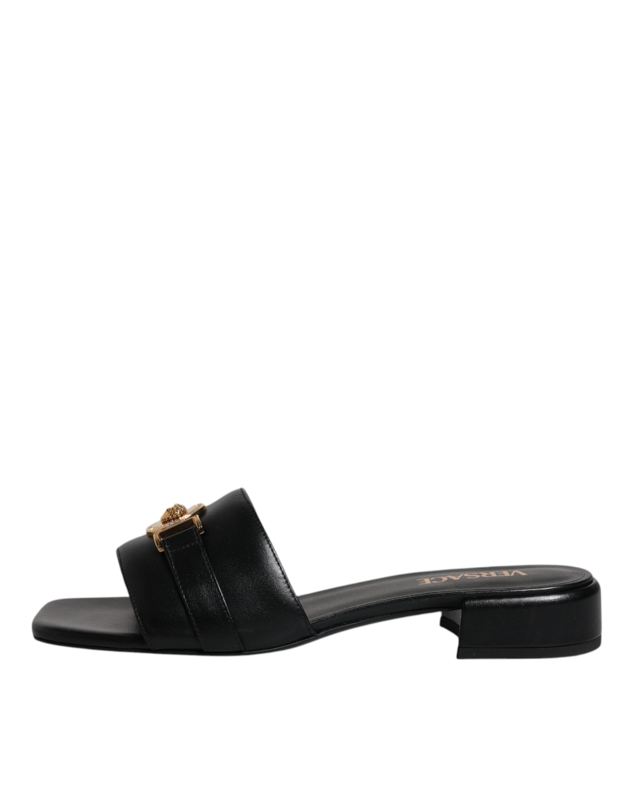 Versace Preto Couro Logo Placa Slip On Sapatos Flats