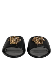 Versace Preto Couro Logo Placa Slip On Sapatos Flats
