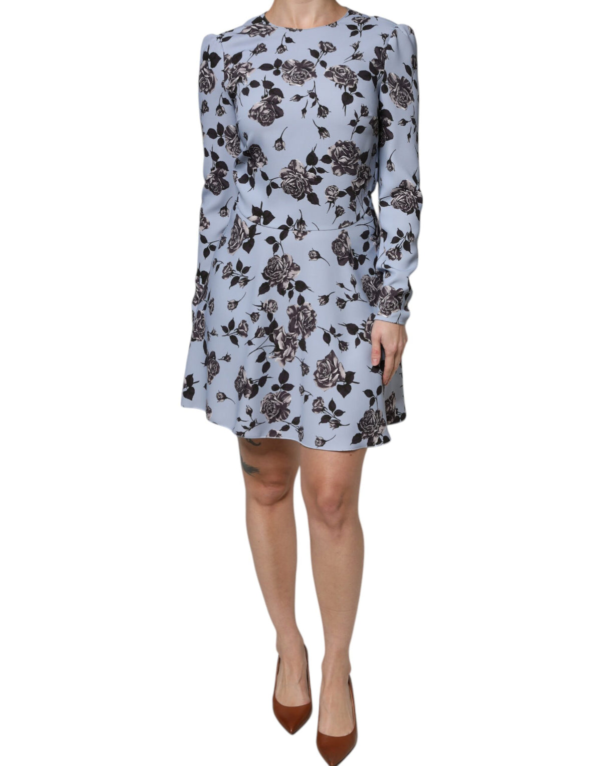 Vestido curto Valentino azul claro com estampa floral e mangas compridas em linha A
