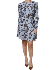 Vestido curto Valentino azul claro com estampa floral e mangas compridas em linha A