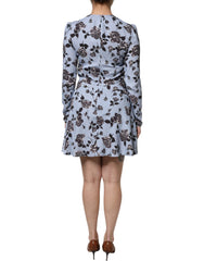 Vestido curto Valentino azul claro com estampa floral e mangas compridas em linha A