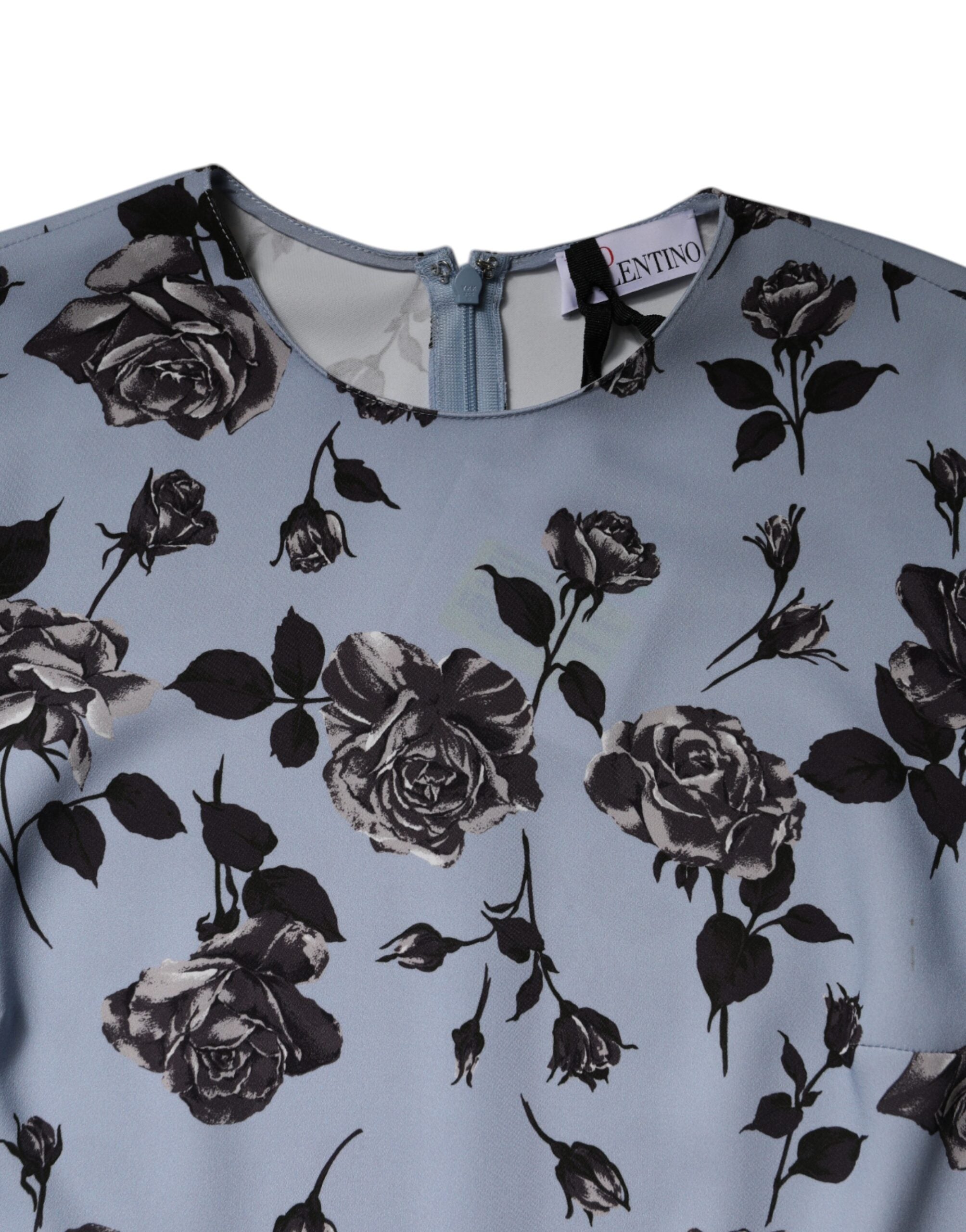 Vestido curto Valentino azul claro com estampa floral e mangas compridas em linha A