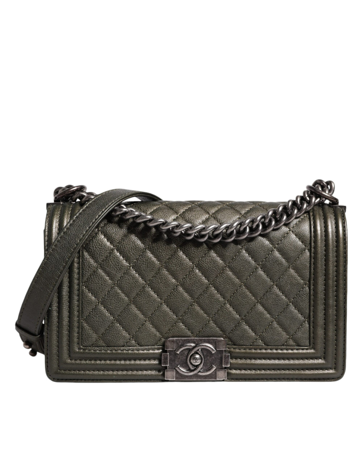 Bolsa de ombro Chanel em couro verde escuro e metal cinza