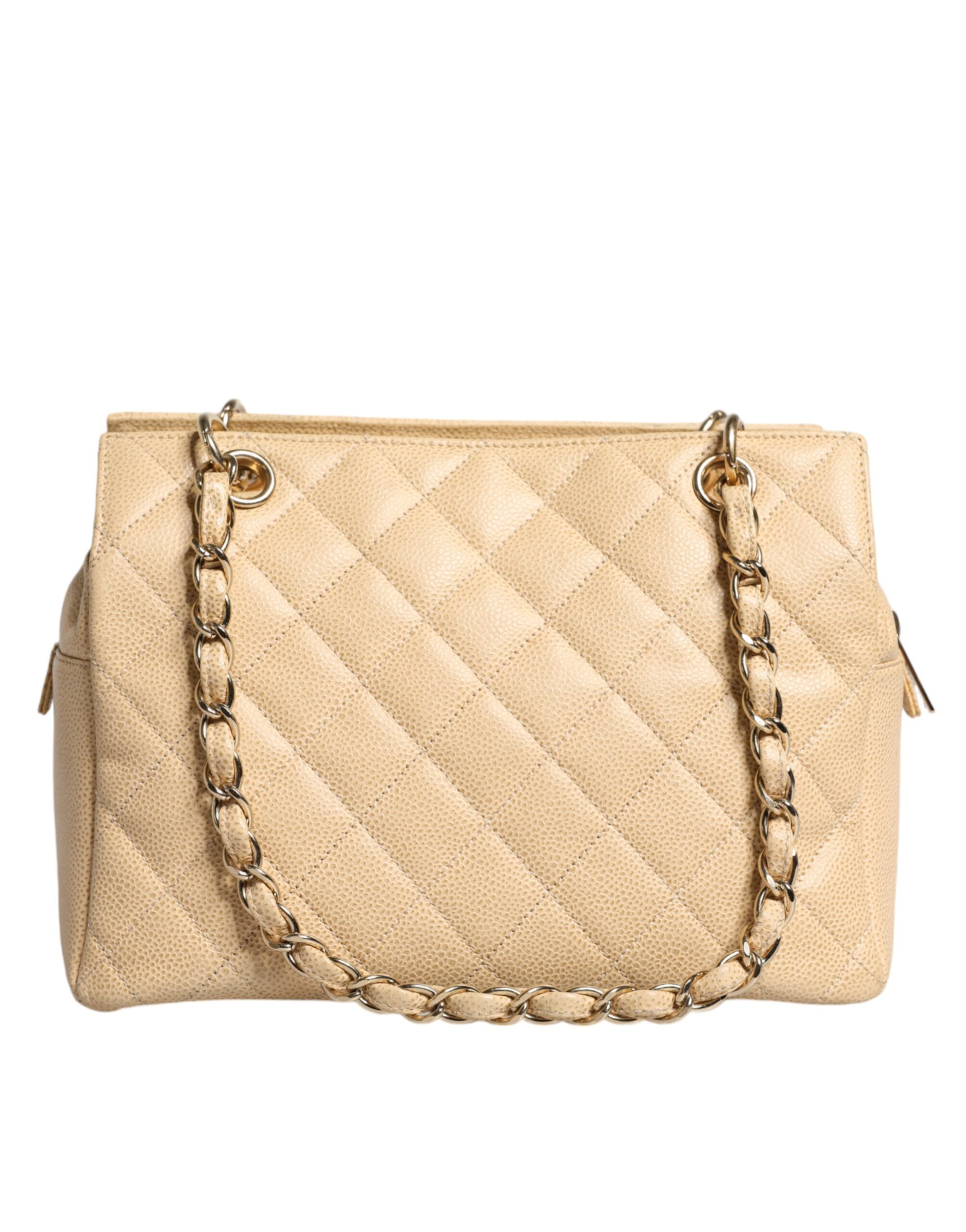 Bolsa Chanel Bege Caviar De Coco em Couro com Corrente
