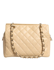 Bolsa Chanel Bege Caviar De Coco em Couro com Corrente