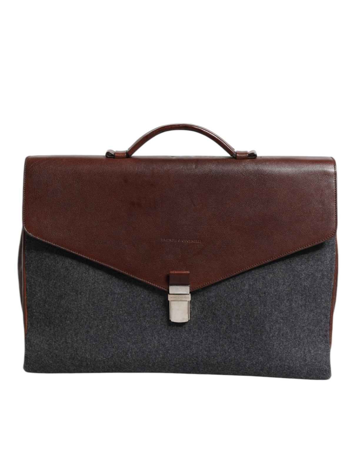 Bolsa tote executiva Brunello Cucinelli marrom cinza couro lã conhaque