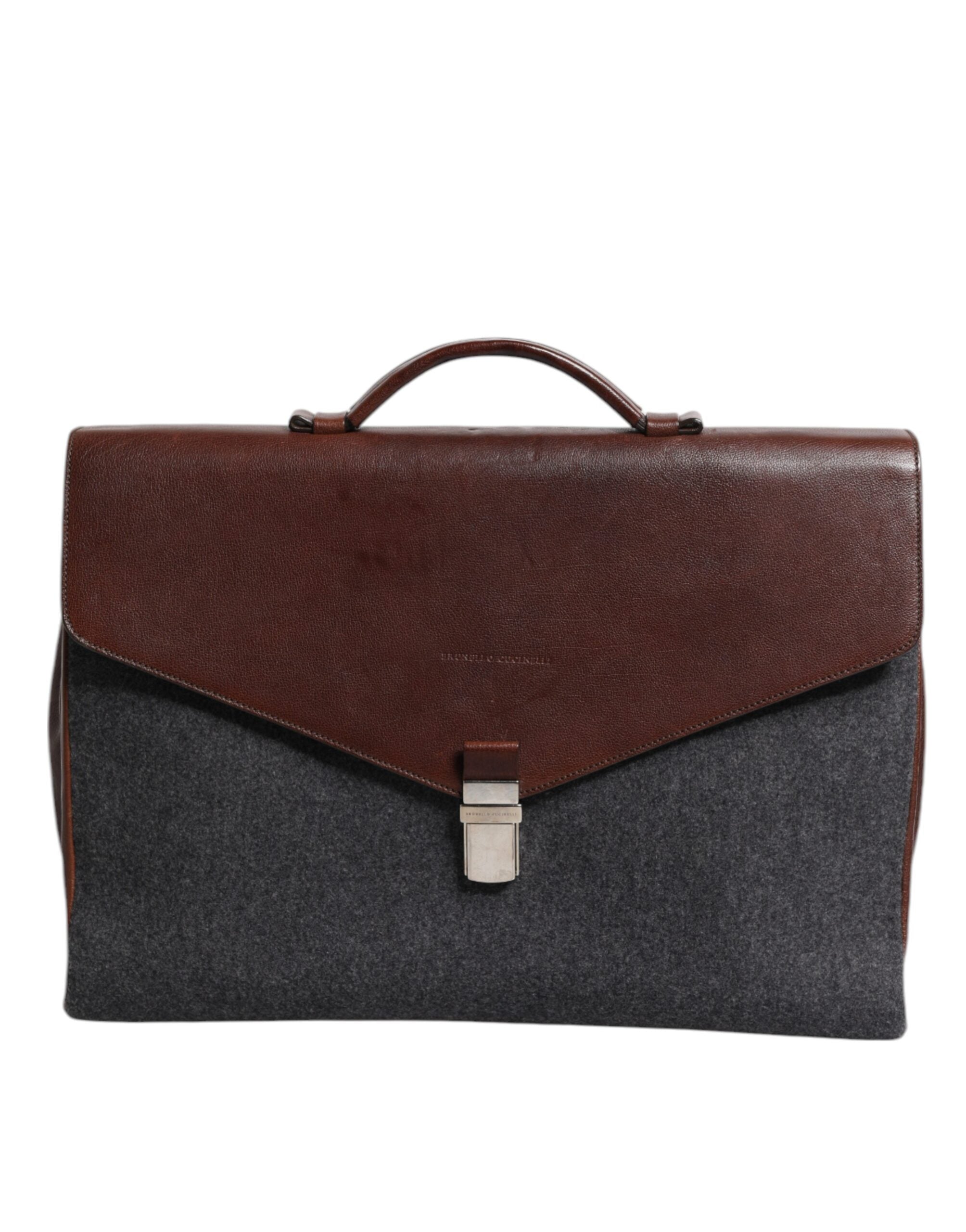 Bolsa tote executiva Brunello Cucinelli marrom cinza couro lã conhaque