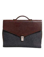 Bolsa tote executiva Brunello Cucinelli marrom cinza couro lã conhaque