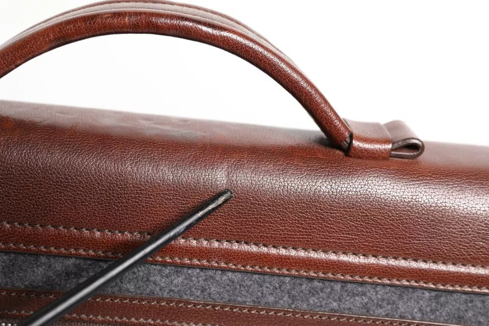 Bolsa tote executiva Brunello Cucinelli marrom cinza couro lã conhaque