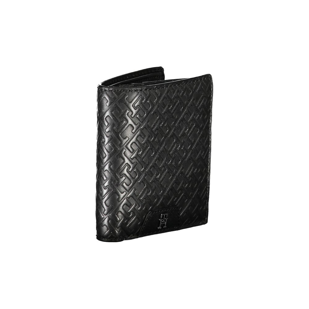 Carteira Tommy Hilfiger Sleek de couro preto com dois compartimentos