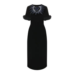 Vestido midi de veludo com acabamento em pele Fendi