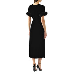 Vestido midi de veludo com acabamento em pele Fendi